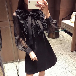 韓版顯瘦内搭打底裙小香風黑色蕾絲長袖洋裝