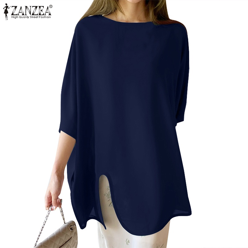 Zanzea 女士簡約街頭休閒時尚 3 / 4 袖純色不對稱下擺上衣