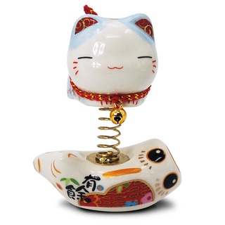 【金石工坊】富貴平安元氣彈簧貓(高7.5CM) 招財貓 陶瓷桌上開運擺飾 汽車擺件