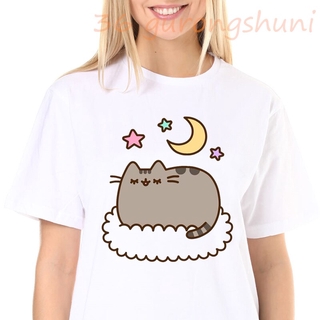 韓國pusheen貓愛動物印花t恤女可愛夏季短袖上衣t恤休閒寬鬆趣味惡搞情侶t恤