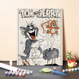 40x50帶框 湯姆貓和傑利鼠 數字油畫 diy 填色 兒童畫 手繪 Q版 治癒 房間裝飾畫 掛畫 禮物