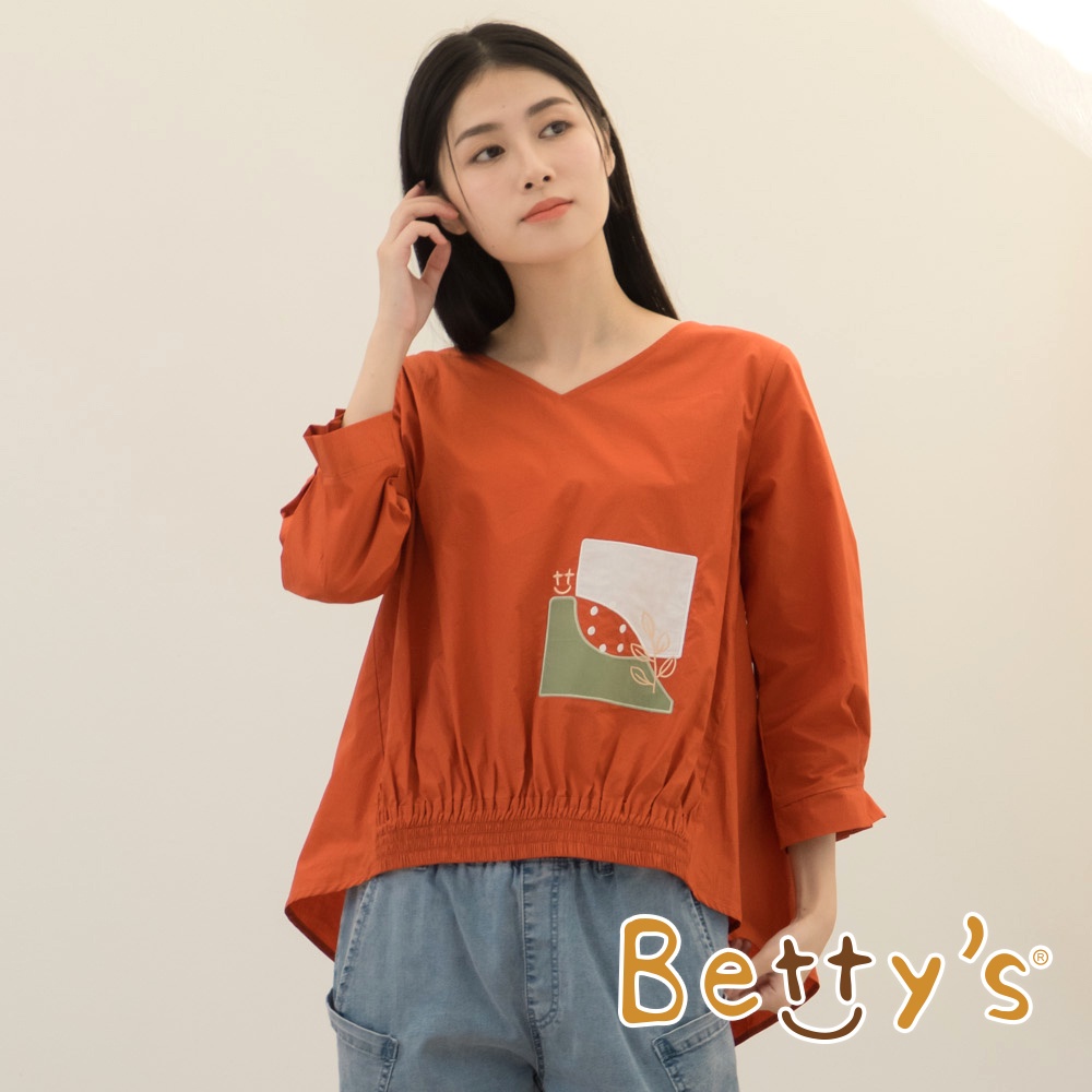 betty’s貝蒂思(15)V領貼布繡花綁帶上衣(深桔)