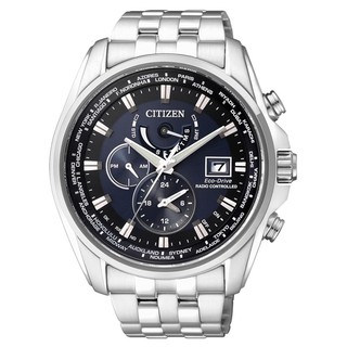 CITIZEN星辰GENT 即刻商務光動能三眼計時全球電波腕錶-銀藍44mm(AT9031-52L)