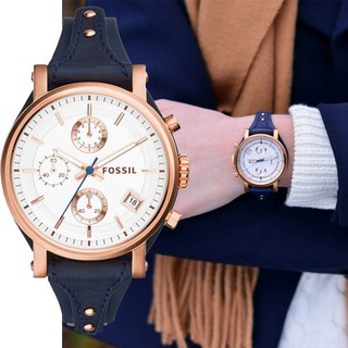 僅有一只現貨在台!!FOSSIL ES3838三眼 計時 手環藍色真皮手錶 復古 38MM