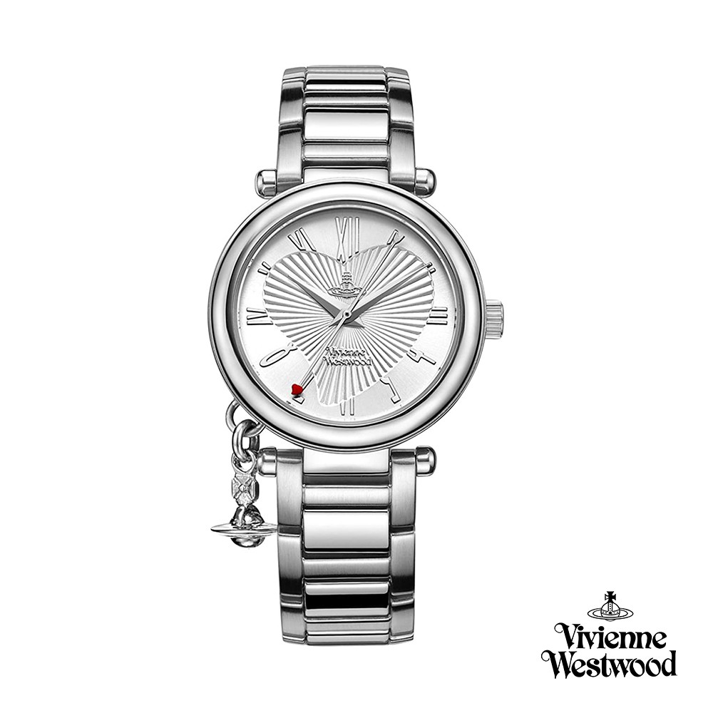 【Vivienne Westwood】經典銀愛心壓紋吊墜腕錶(銀色)_W-VW-018-1