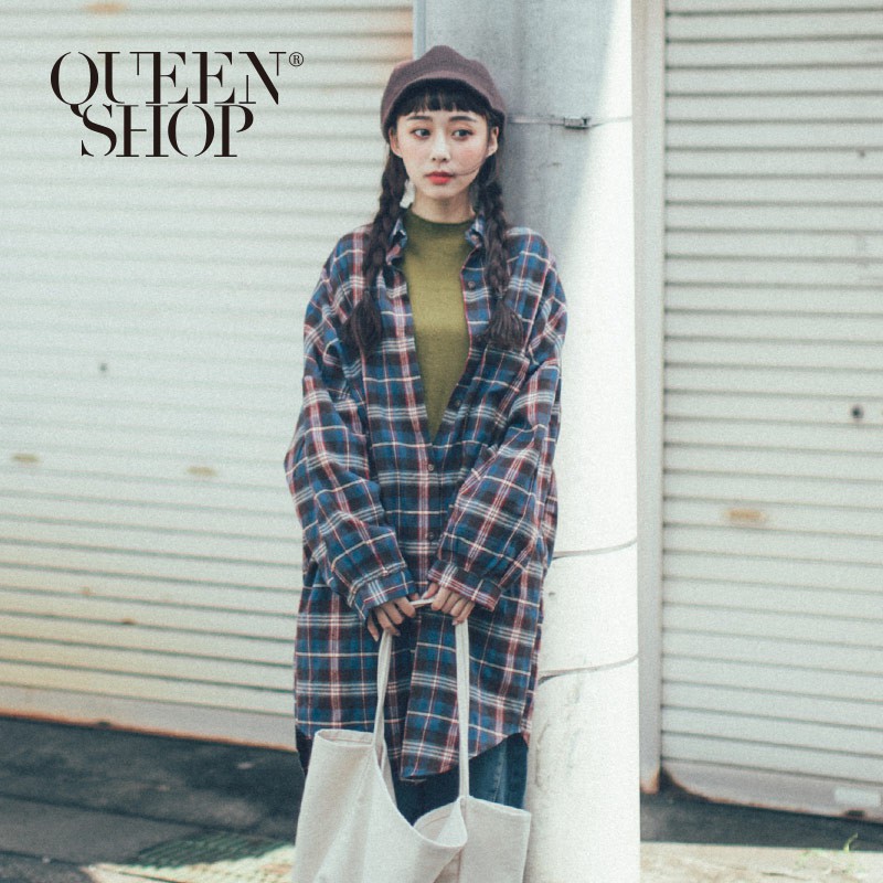 QUEENSHOP 配色格紋磨毛長版襯衫 現+預 【01023541】