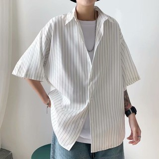 【M-3XL】男士短袖襯衫男韓版潮流帥氣條紋襯衣休閑裝夏裝寸衫 韓國ulzzang港風復古chic韓風寬松條紋襯衫男外套