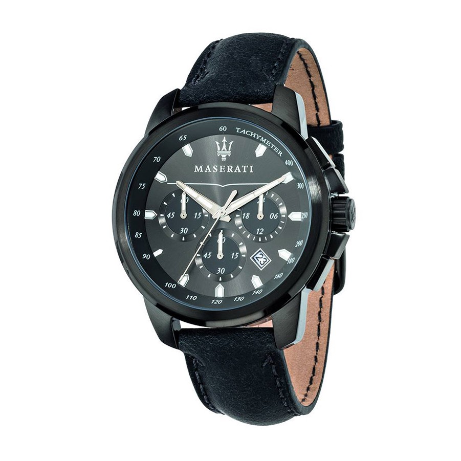 【Maserati 瑪莎拉蒂】三眼黑色精品真皮腕錶-全黑款/R8871621002/台灣總代理公司貨享兩年保固