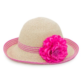 【Limehi】時尚花朵造型草帽 沙灘遮陽帽 可折疊帽 翻邊圓帽 淺米粉 Lime-24-L