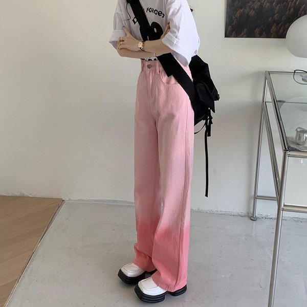 胖胖美依 牛仔褲 長褲 寬褲 闊腿褲 S-XL新款漸變粉色牛仔褲紫色女韓版ins潮高腰直筒顯瘦褲GB210B.C112