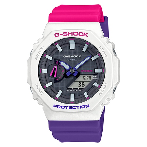 G-SHOCK超人氣農家橡樹運動雙顯電子錶 桃紅x亮紫x白_GA-2100THB-7A
