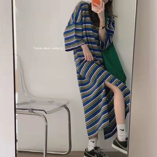 復古條紋T恤裙 長版上衣 慵懶風 長版洋裝 條紋長裙 韓版連身裙 過膝裙 開衩連身裙 顯瘦連身裙 寬鬆連身裙 韓系連身裙
