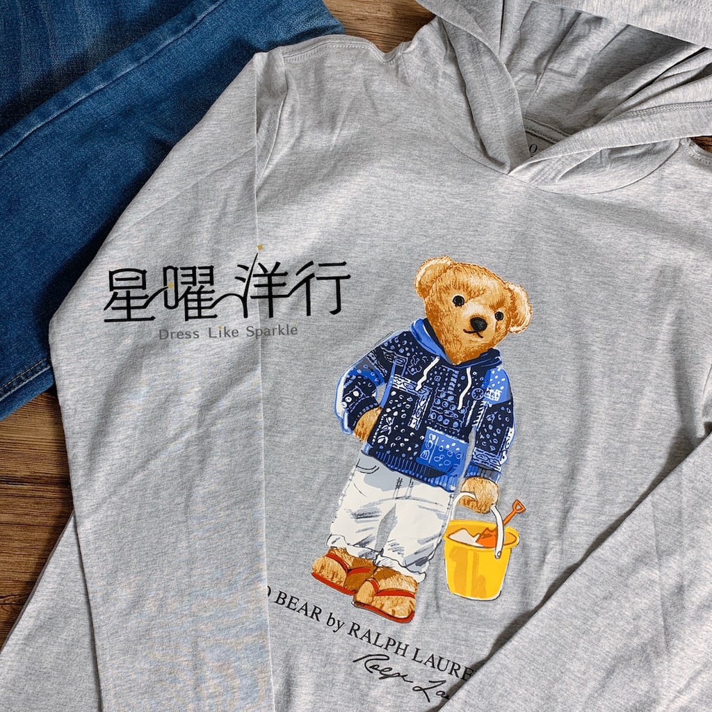 零碼出清m Polo Ralph Lauren 青年版polo熊小熊泰迪熊灰色長袖帽t 連帽上衣 蝦皮購物