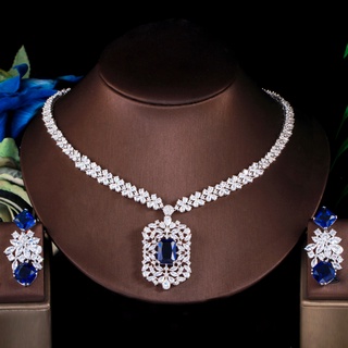 Cwwzircons 閃亮白金顏色寶藍色 CZ 石女士奢華婚禮項鍊耳環首飾套裝新娘 T0779