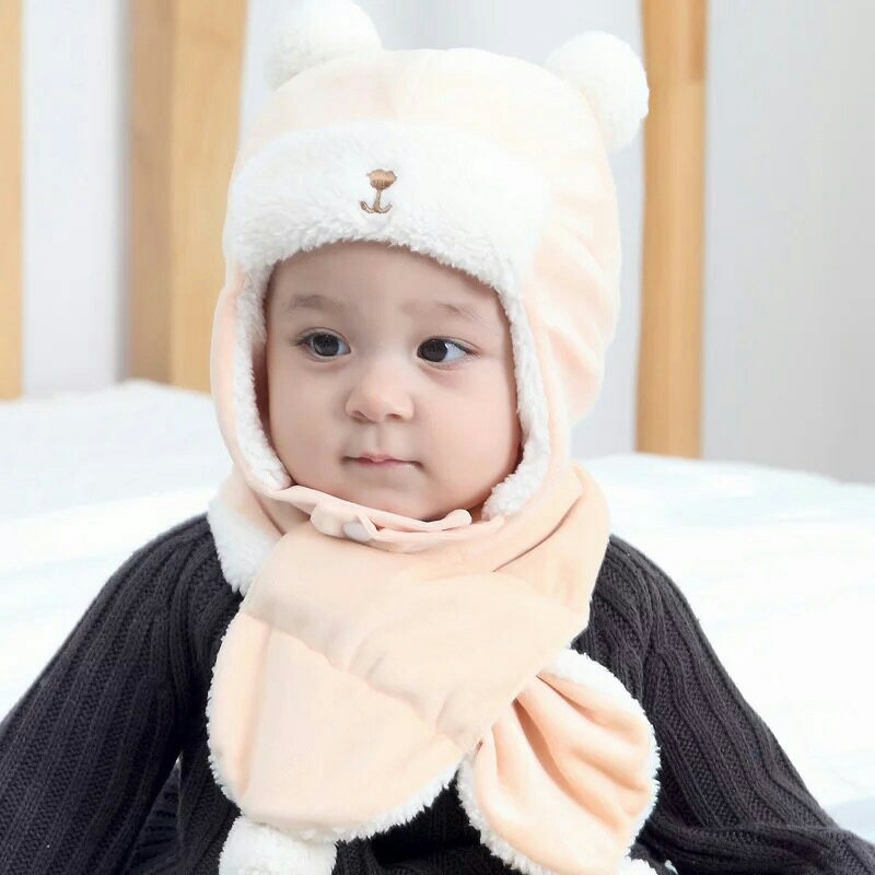 代售 帽子+圍巾 現貨🔥嬰兒帽子 0-2歲 羊羔絨 護耳帽 男女寶寶 小熊帽子 防風帽 新生兒