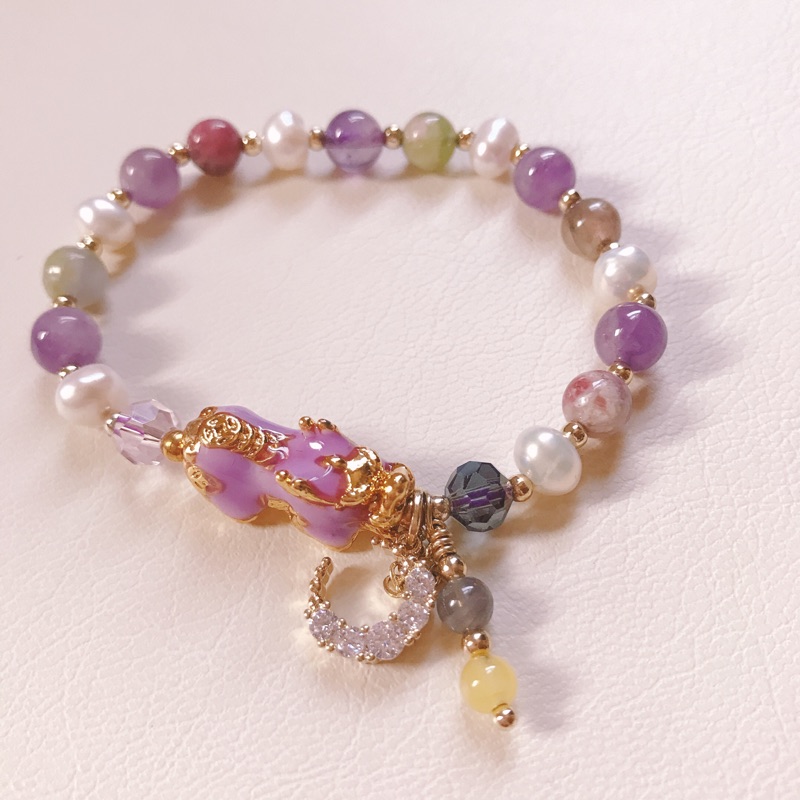 碧璽串搭配珍珠鑽飾紫貔貅+紅玉貔貅