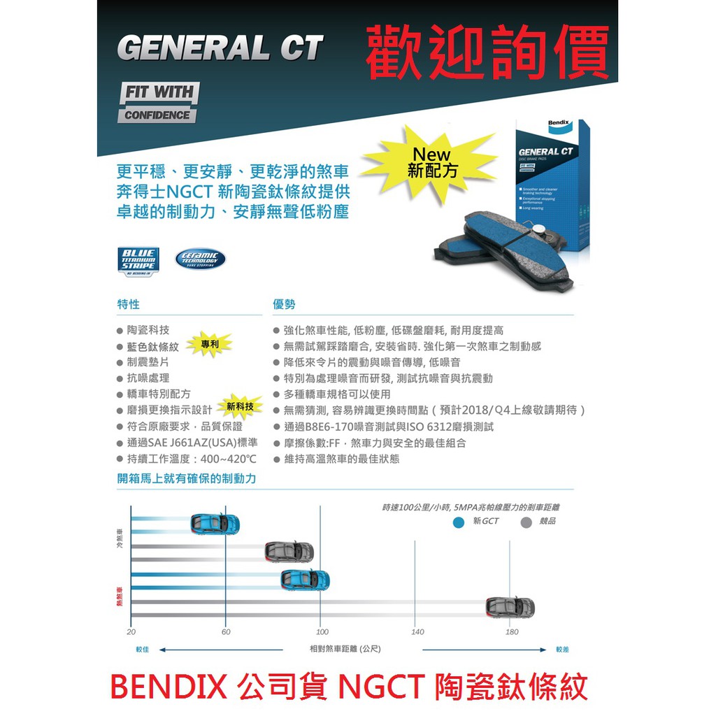 公司貨 BENDIX 奔得士 NGCT 陶瓷鈦條紋 喜美九代  HONDA CIVIC K14 1.8 2.0 前來令片
