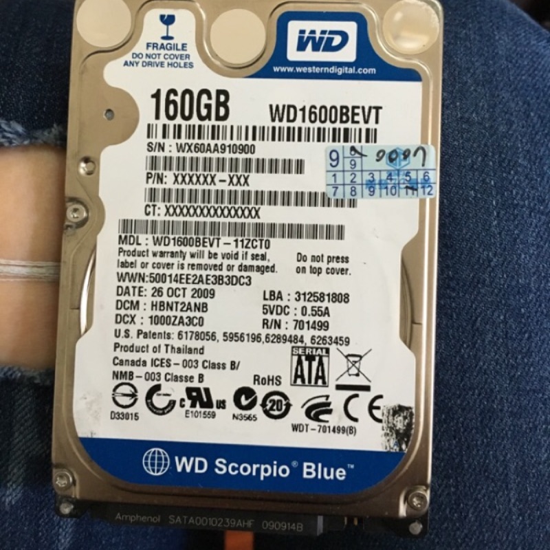 二手WD藍標2.5吋硬碟，160GB，保證良品，一顆200元