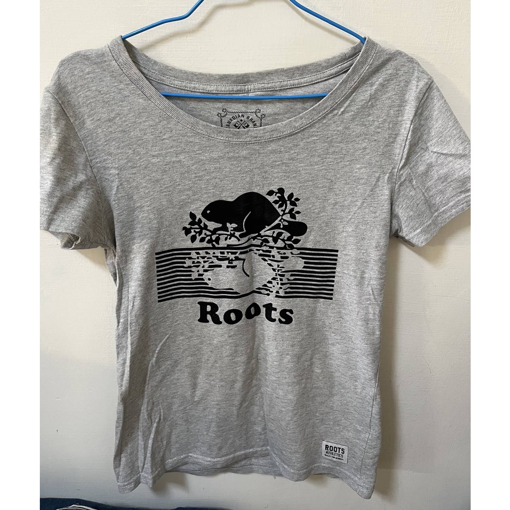 Roots女版棉T   XS(二手) T恤 TEE 素T 百搭上衣 加拿大海狸短T 圓領短袖 灰色