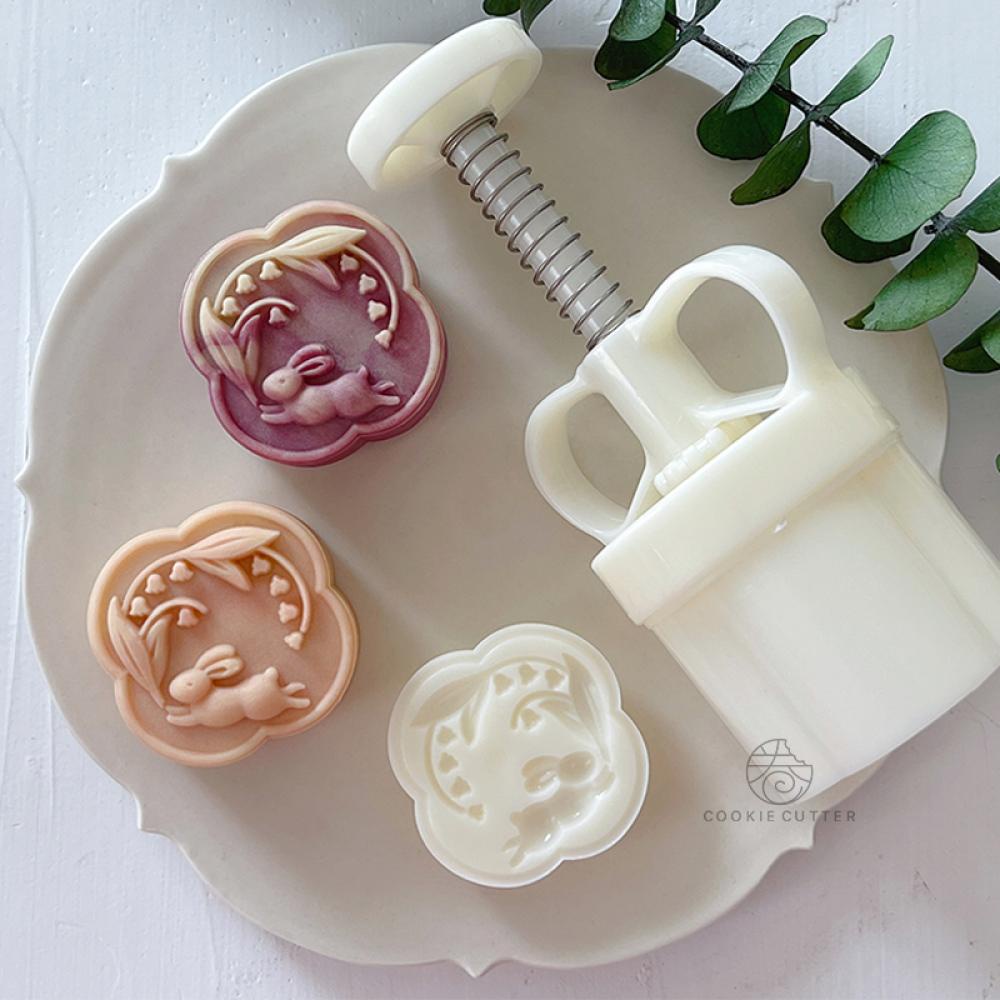 50-63g 百合蘭花月餅模具中秋節兔子綠豆蛋糕 3D 手壓短麵包糕點模具