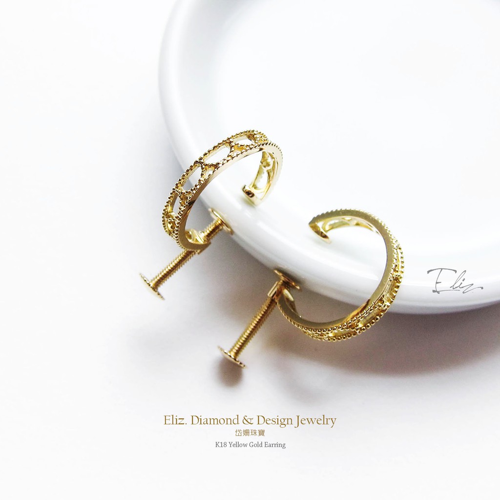 18K金 夾式蕾絲簍空耳環 夾式耳環 K金耳環