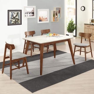 Boden-溫克4.3尺胡桃色石面餐桌椅組合(一桌四椅)(灰色布餐椅)