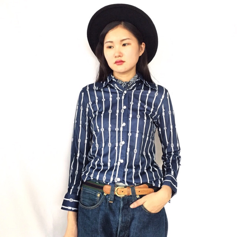《白木11》🌴90s深藍色精品皮帶條紋復古長袖襯衫 女款Vintage 日本 古著 SALE