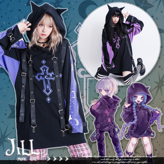 Oo吉兒oo吉兒獨家原創 午夜秘密協會十字架造型燙銀連帽t恤上衣日本繪師てぃら合作款原宿中性kera Jj2313 蝦皮購物