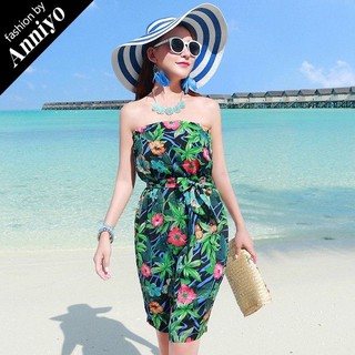 【Anniyo安妞】春夏波西米亞平口露肩海邊海島度假修身顯瘦雪紡連身裙洋裝 樹葉印花