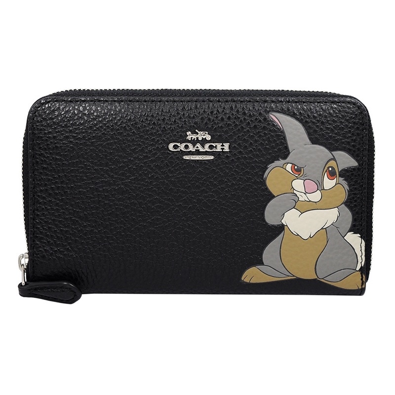 COACH X DISNEY 限量聯名款 馬車LOGO荔枝紋皮革拉鍊中夾 桑普兔