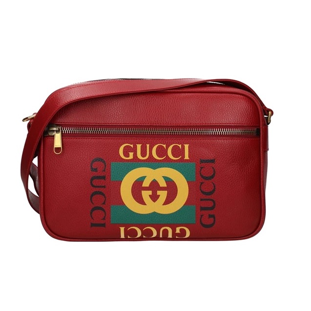 Gucci  5235890  Logo 圖紋黃油軟牛皮休閒郵差斜背包 紅色
