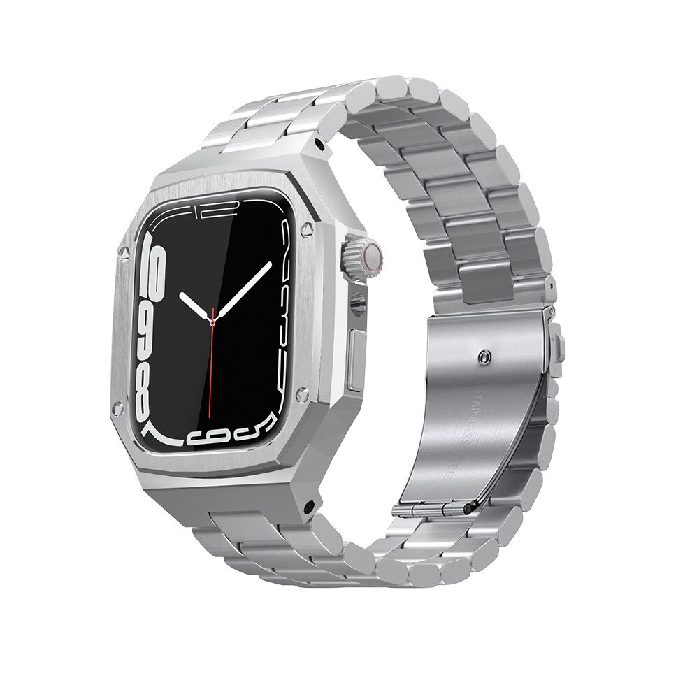 最新DIY改装金屬手錶錶殼適用於Apple Watch 7 SE 6 5 iwatch 7錶帶不銹鋼套裝44毫米45毫米