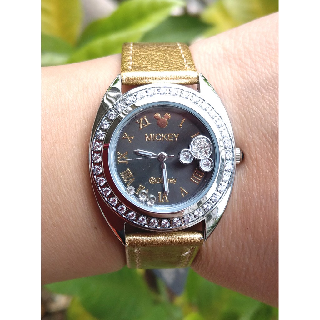 卡漫城 - 六折出清 米奇 手錶 金色 水鑽 ㊣版 皮革錶 迪士尼 Mickey 米老鼠 女錶 卡通錶 造型 時尚