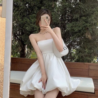 甜辣性感氣質美背抹胸收腰蓬蓬裙女夏新款修身顯瘦無袖連衣裙吊帶裙氣質洋裝伴娘服 雪紡裙 白色洋裝 無袖洋裝 顯瘦洋裝 禮服