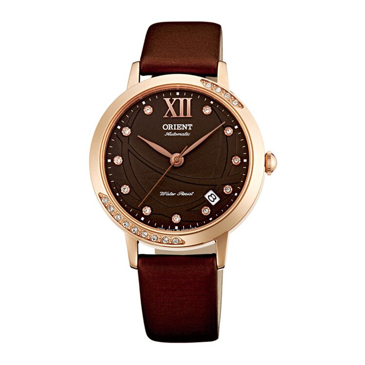 東方錶 ORIENT 時尚晶鑽玫瑰金框咖啡面皮帶機械女錶 日期顯示 FER2H002T 36mm 台灣公司貨保固一年