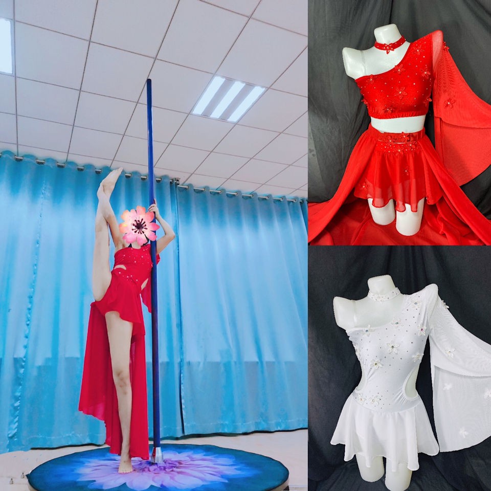 台湾现货 钢管舞唯美飘逸烫钻气质舞蹈服考试比赛服装裙摆可拆 5月16日发完 蝦皮購物