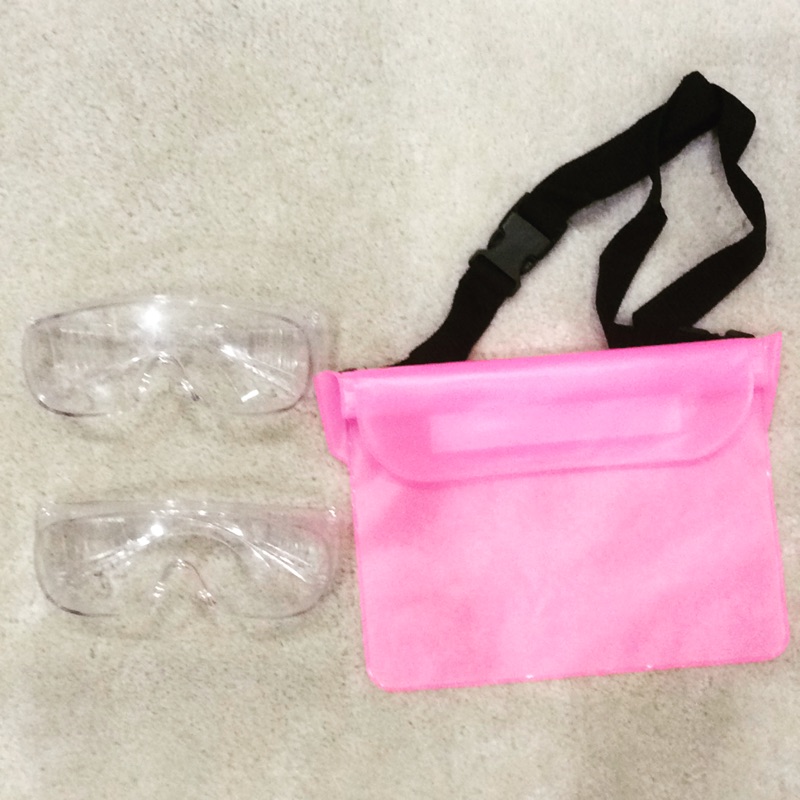 透明防風護目鏡x2+粉紅防水袋☆生存遊戲海邊夏天