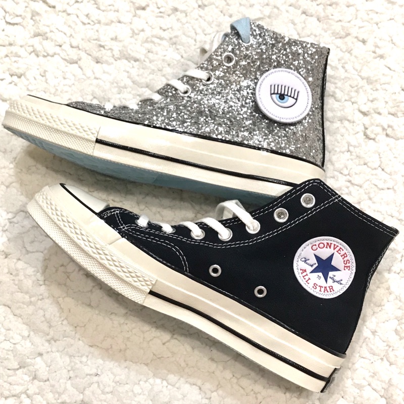 全新! Chiara Ferragni x Converse聯名款Chuck 70女款黑銀高筒帆布鞋(37.5碼)