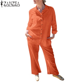 Zanzea 女士歐式休閒翻領長袖鈕扣上衣 + 鬆緊腰直褲 2 件套