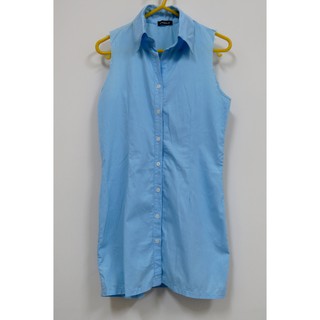 DIY淺藍色長版無袖襯衫洋裝-上版衫或連身裙-兩種穿法皆宜