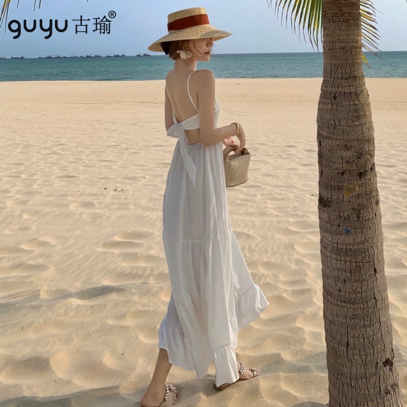 度假沙灘連衣裙 S-L 性感 美背 露背 蕾絲拼接吊帶長洋裝 及踝沙灘大擺裙