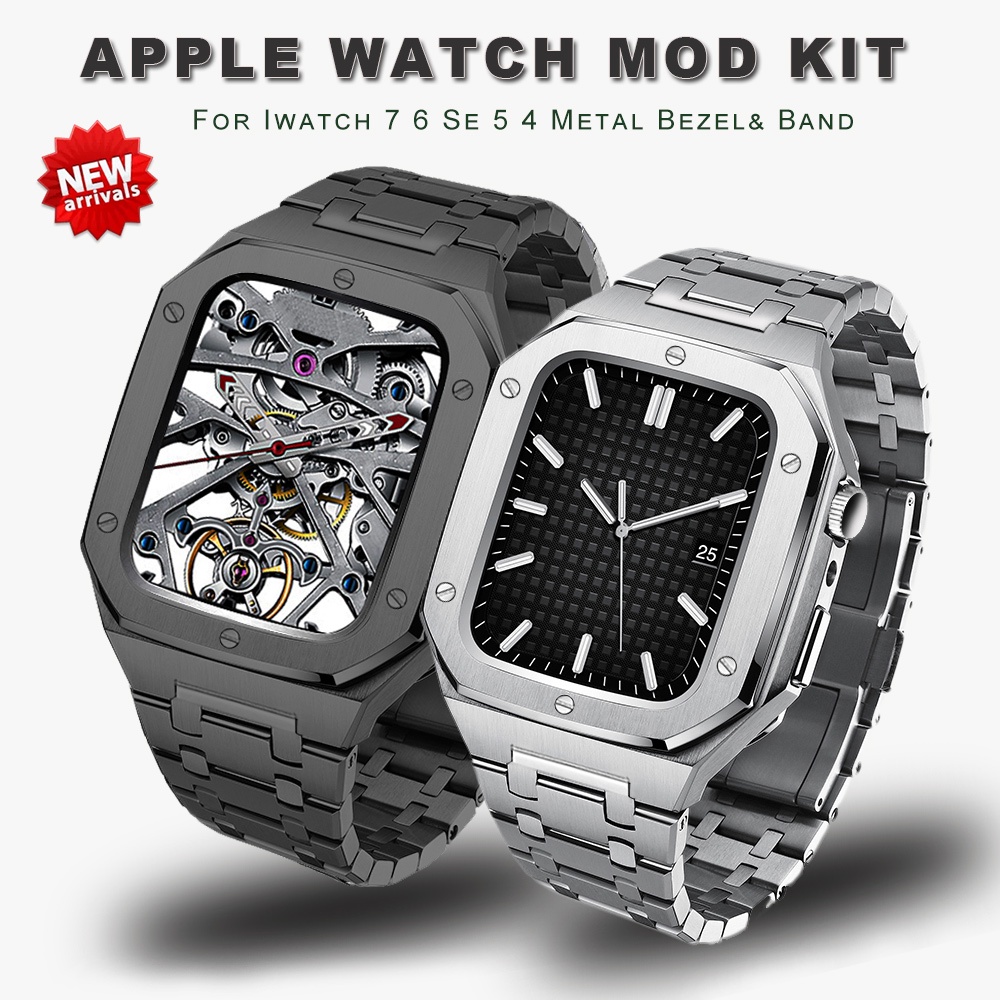 豪華改裝套件擋板錶殼改裝 mod 套件金屬鋼錶帶兼容 Apple Watch Series 8 7 6 5 4 SE i