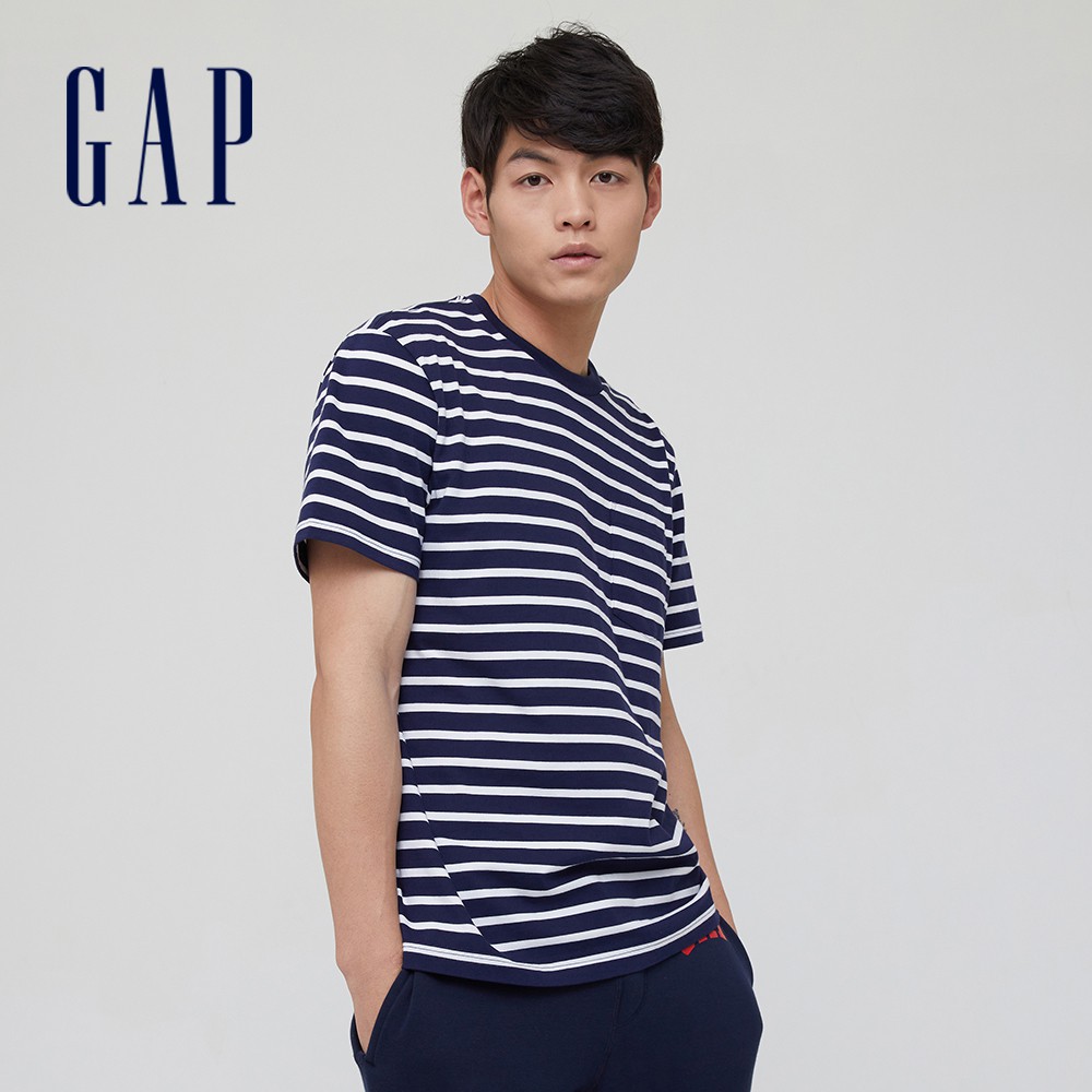 Gap 男女同款 純棉條紋短袖T恤 厚磅密織親膚系列-海軍藍條紋(683961)
