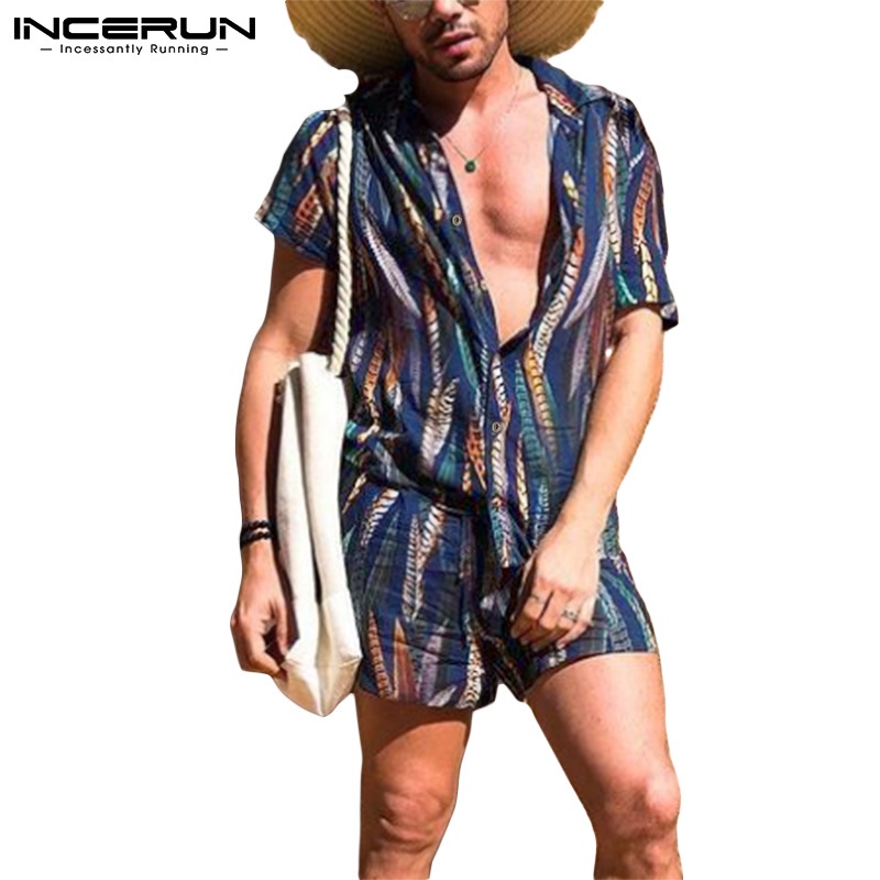 INCERUN男士夏季海灘印花短袖襯衫+短褲休閒套裝