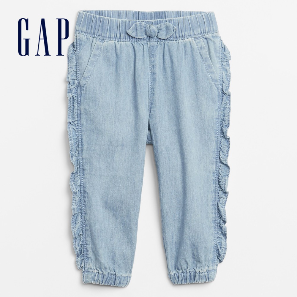 Gap 嬰兒裝 甜美風荷葉邊鬆緊牛仔褲-水洗藍(620247)