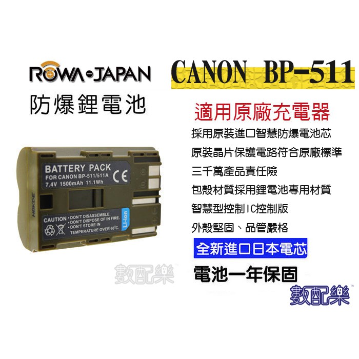 樂速配 ROWA 樂華 CANON BP511 BP-511 佳能相機專用 相容原廠 防爆鋰電池 全新 保固1年