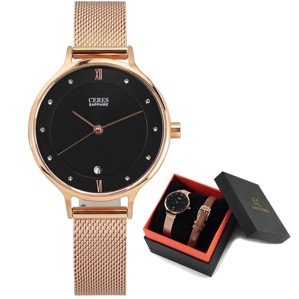 EROS CERES 贈錶帶 / 晶鑽 日期 米蘭編織不鏽鋼手錶 禮盒組 黑x玫瑰金/LQ3303RG-BK /33mm