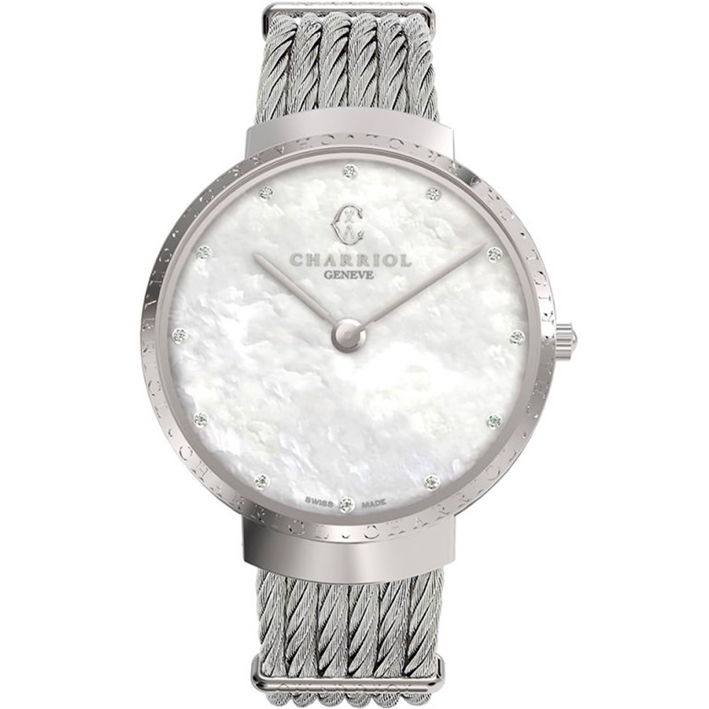 CHARRIOL夏利豪 女Slim系列銀色鑽石經典鋼索腕錶/珍珠母貝面(ST34CS560013) 34mm
