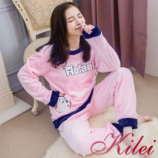【Kilei】女生睡衣 睡衣套裝 保暖水貂絨 熊貓少女造型口袋長袖睡衣二件式家居服XA4341-01(甜心粉色)全尺碼