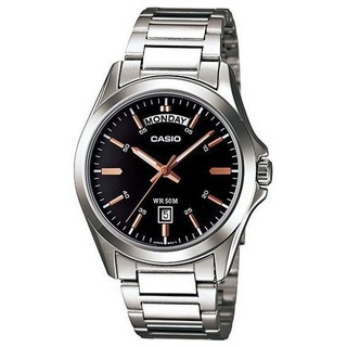 【CASIO】星期日期顯示不鏽鋼紳士腕錶-黑面X玫瑰金 (MTP-1370D-1A2)正版宏崑公司貨